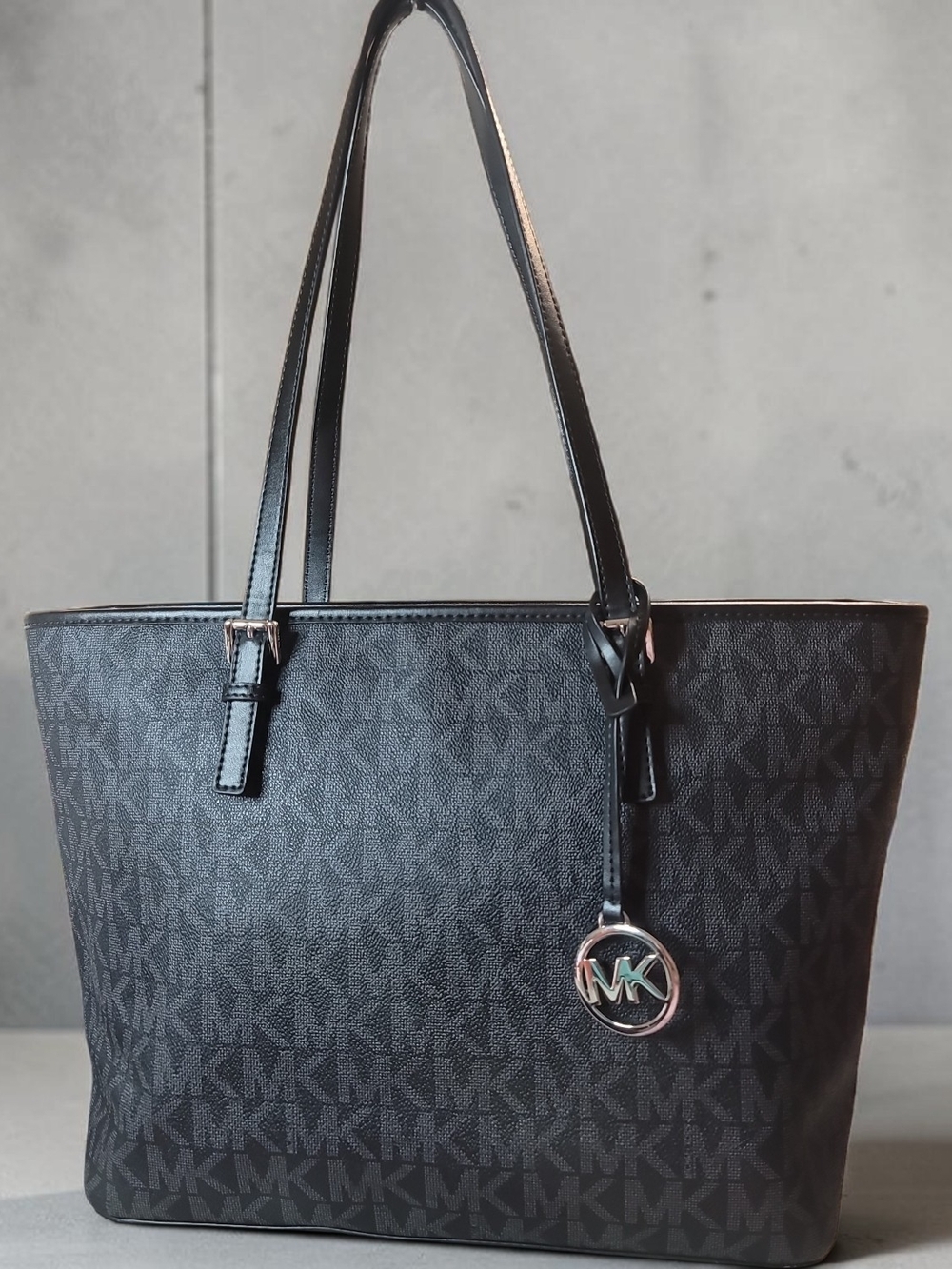 Michael Kors Jet Set Travel Top Zip Signature Monogram Tote, Black Like New